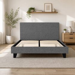 Grey Upholstered Double Bed Frame with Padded Headboard