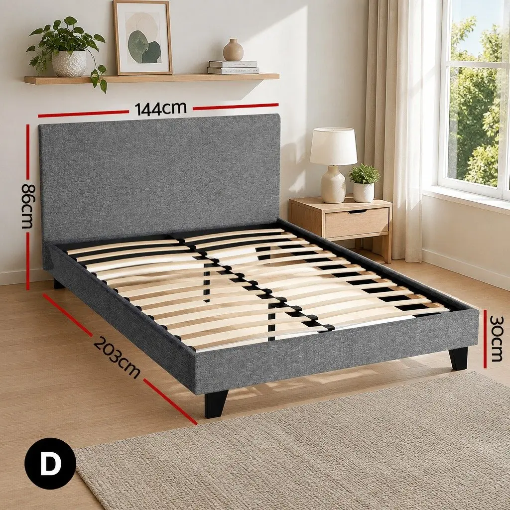 Grey Upholstered Double Bed Frame with Padded Headboard