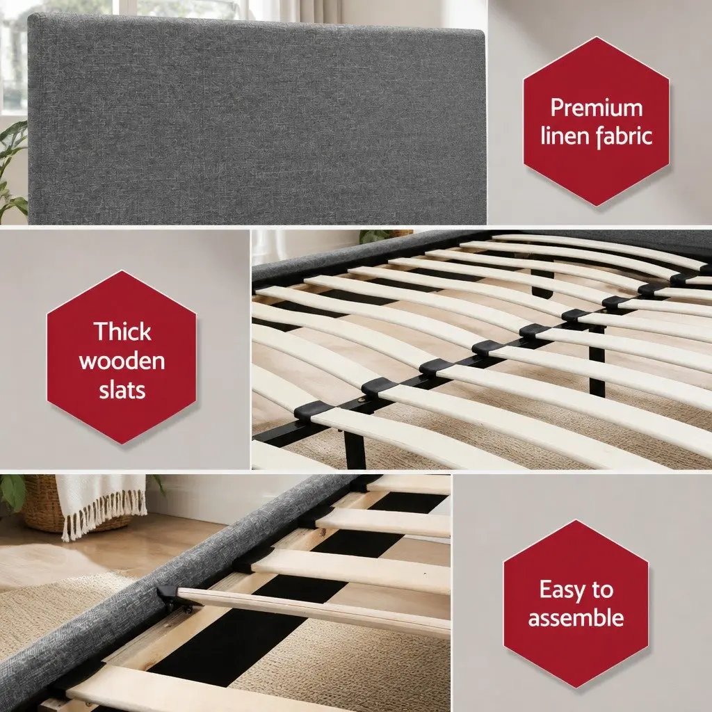 Grey Upholstered Double Bed Frame with Padded Headboard