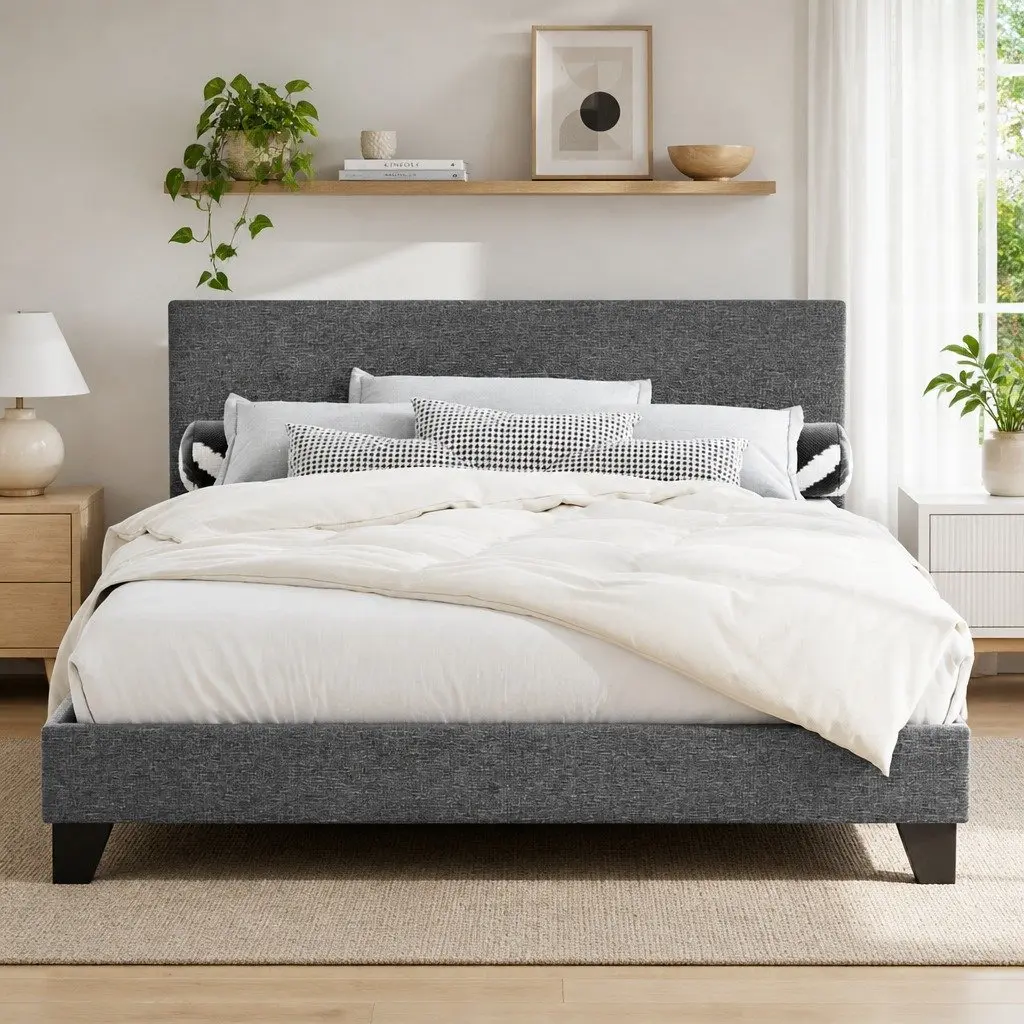 Grey Upholstered Double Bed Frame with Padded Headboard