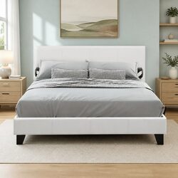 White Upholstered Double Bed Frame with Slat Base