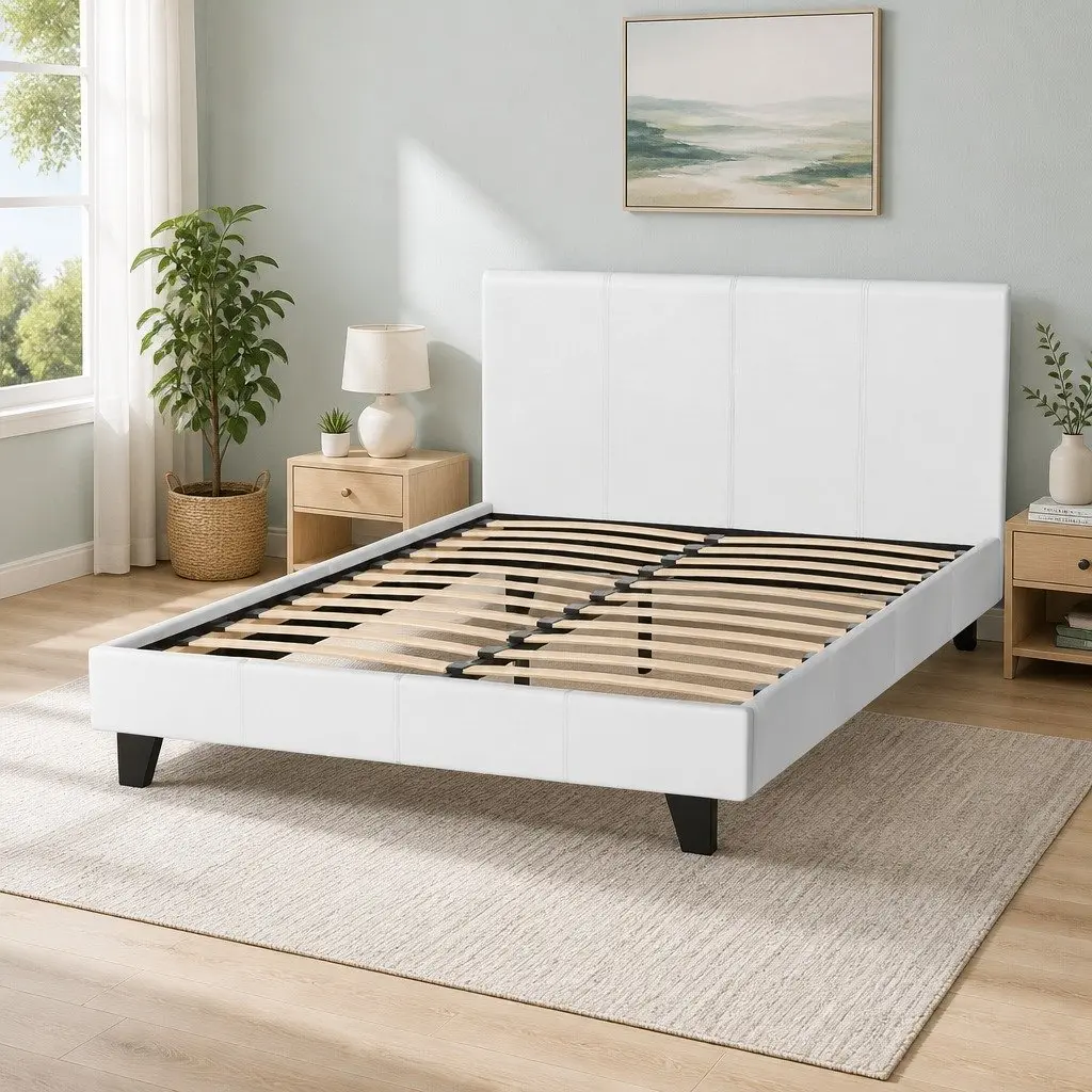 White Upholstered Double Bed Frame with Slat Base