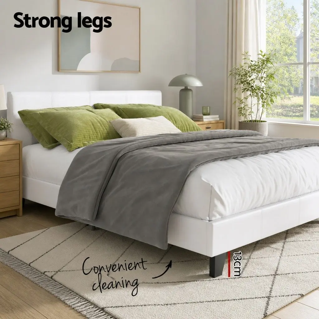 White Upholstered Double Bed Frame with Slat Base