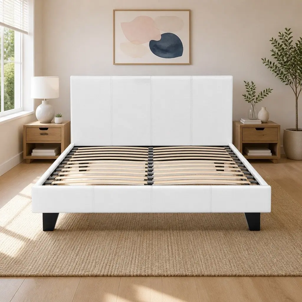 White Upholstered Double Bed Frame with Slat Base