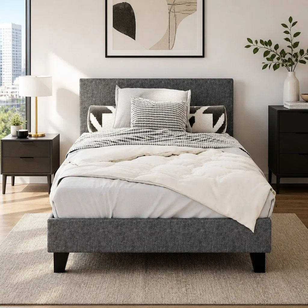 Grey Upholstered King Single Bed Frame with Slat Base