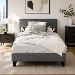 Grey Upholstered King Single Bed Frame with Slat Base