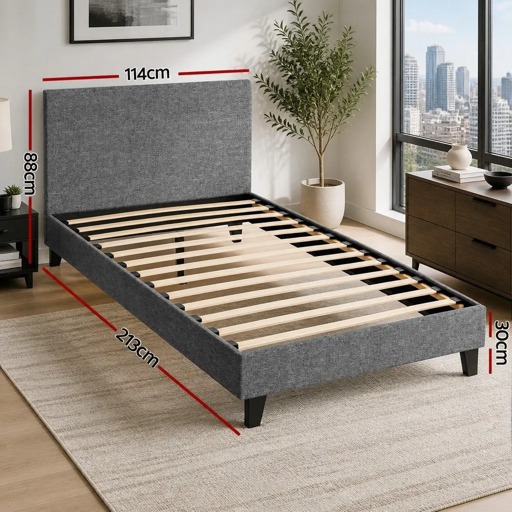 Grey Upholstered King Single Bed Frame with Slat Base