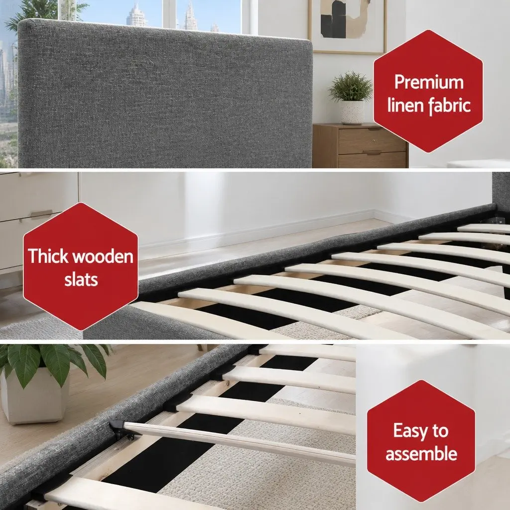 Grey Upholstered King Single Bed Frame with Slat Base