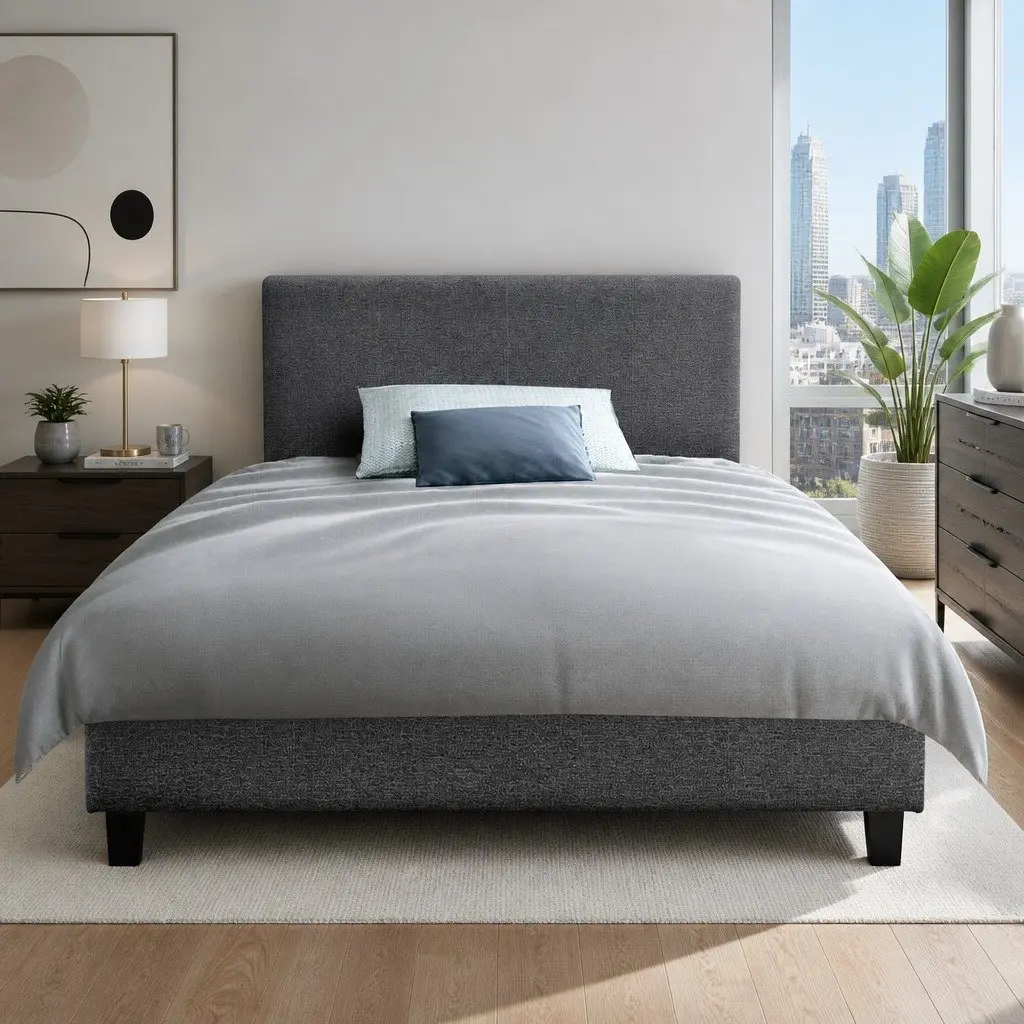Grey Upholstered King Single Bed Frame with Slat Base