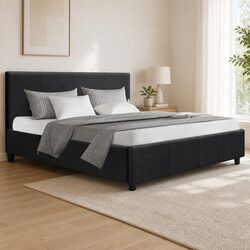 Charcoal Upholstered Queen Bed Frame with Wooden Slats