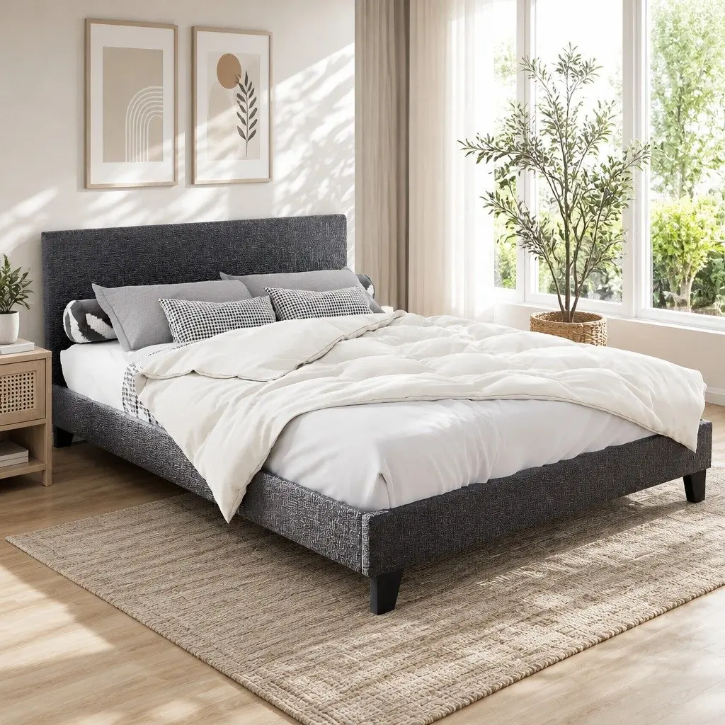 Charcoal Upholstered Queen Bed Frame with Wooden Slats