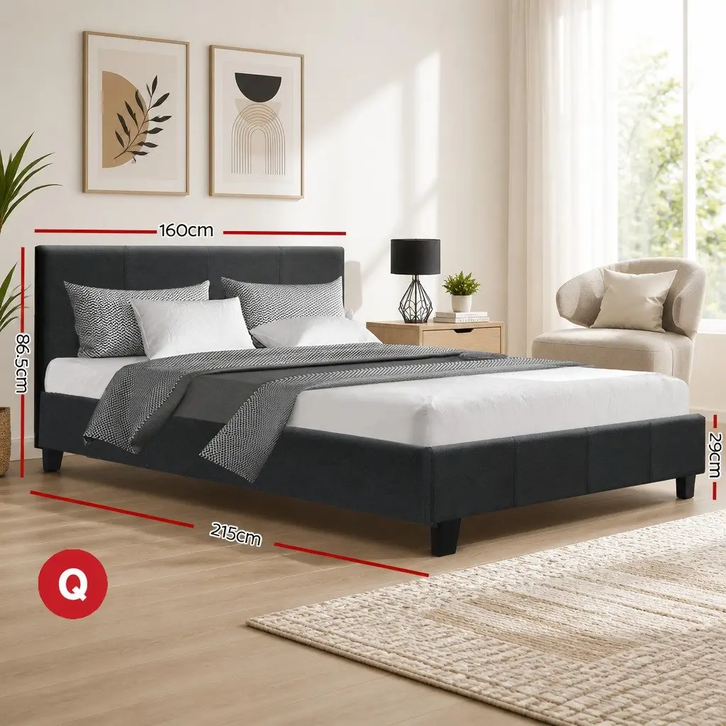 Charcoal Upholstered Queen Bed Frame with Wooden Slats