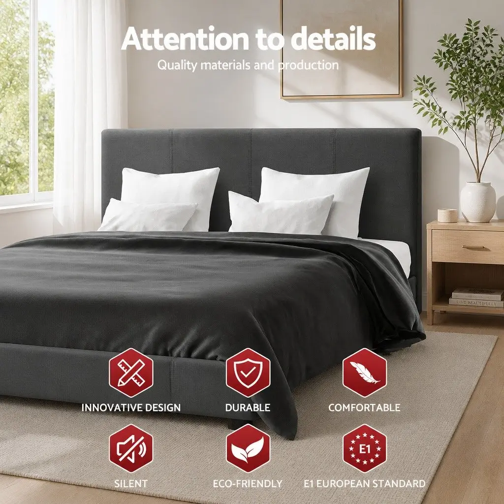 Charcoal Upholstered Queen Bed Frame with Wooden Slats