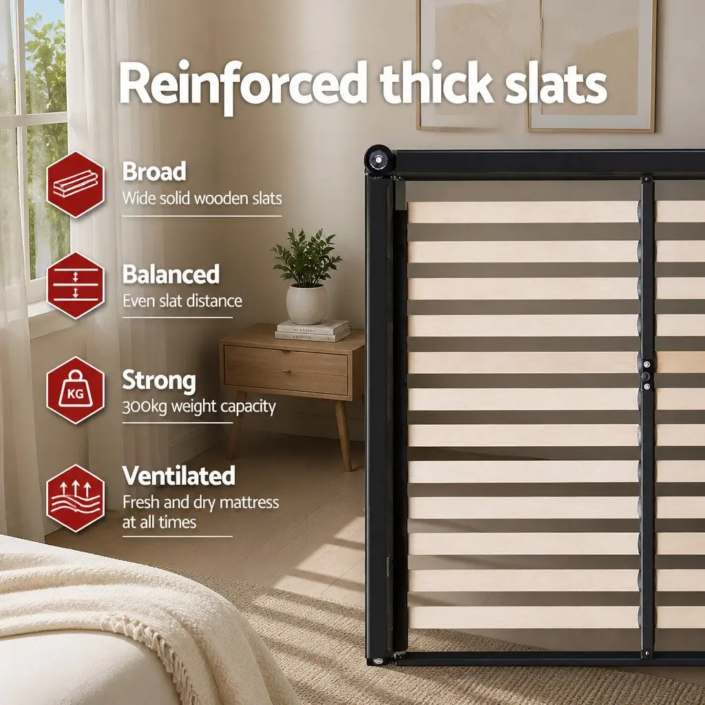 Charcoal Upholstered Queen Bed Frame with Wooden Slats