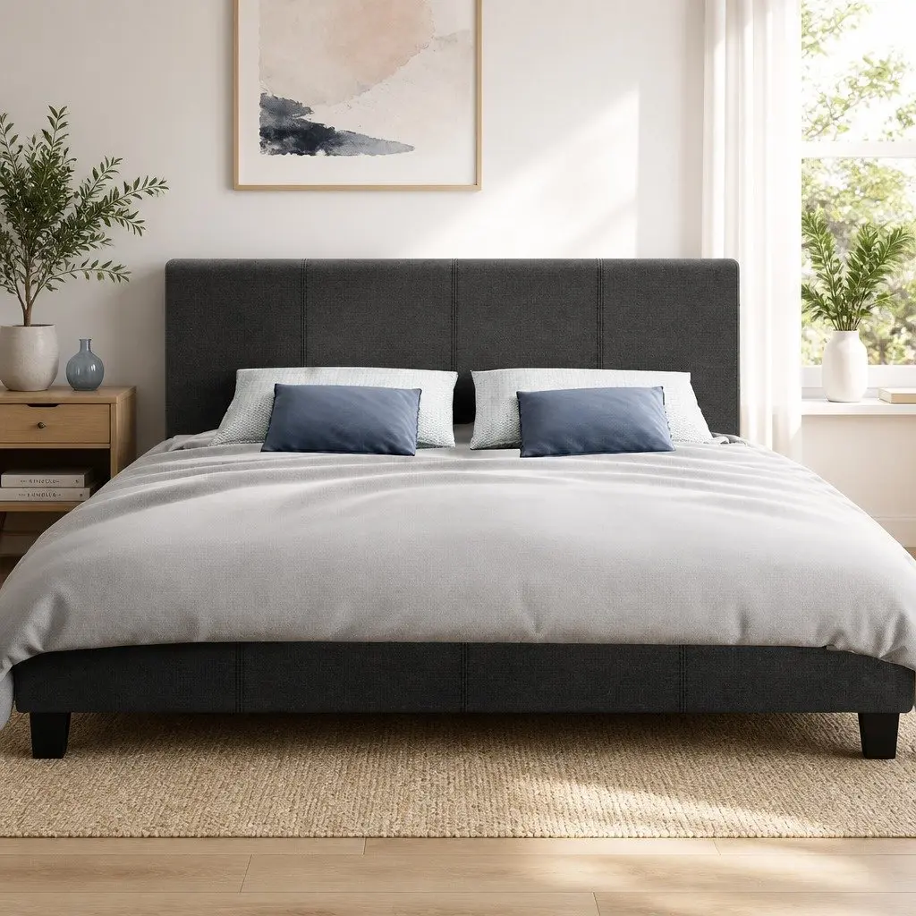 Charcoal Upholstered Queen Bed Frame with Wooden Slats