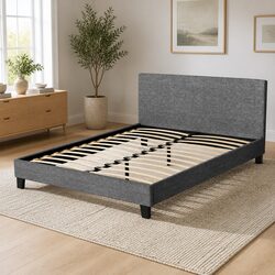 Modern Grey Upholstered Queen Bed Frame with Padded Headboard