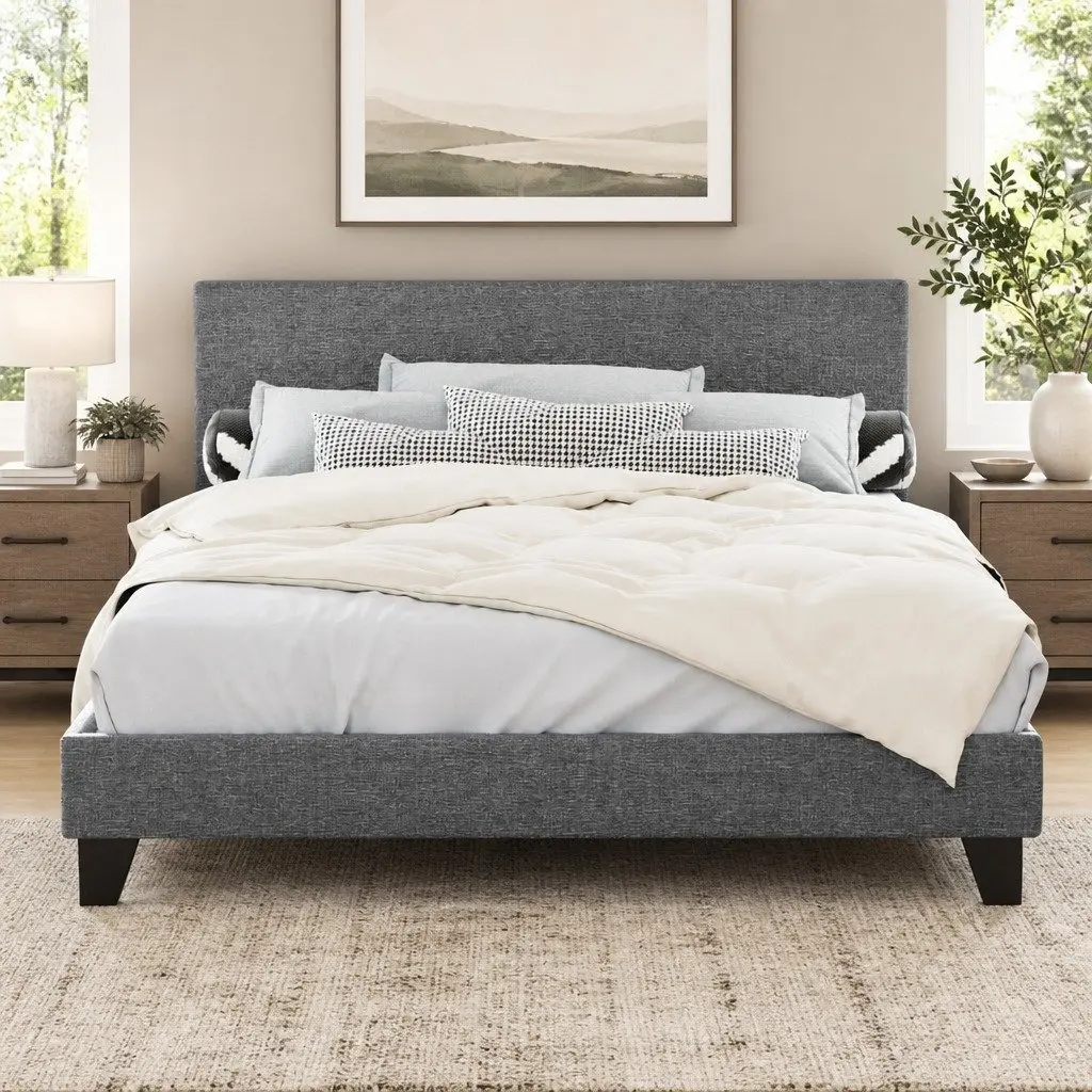 Queen Bed Frame Upholstered Grey Faux Linen Solid Wood Slat Base Modern