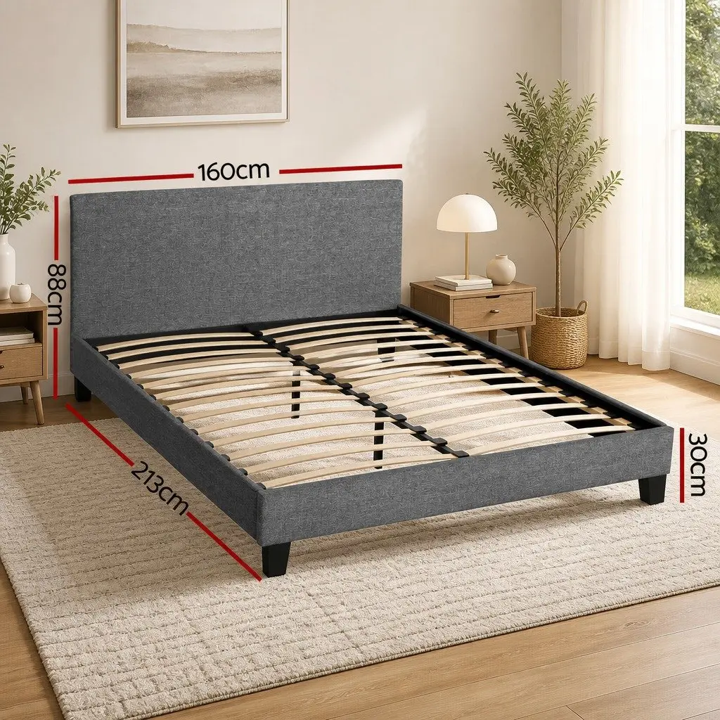 Queen Bed Frame Upholstered Grey Faux Linen Solid Wood Slat Base Modern