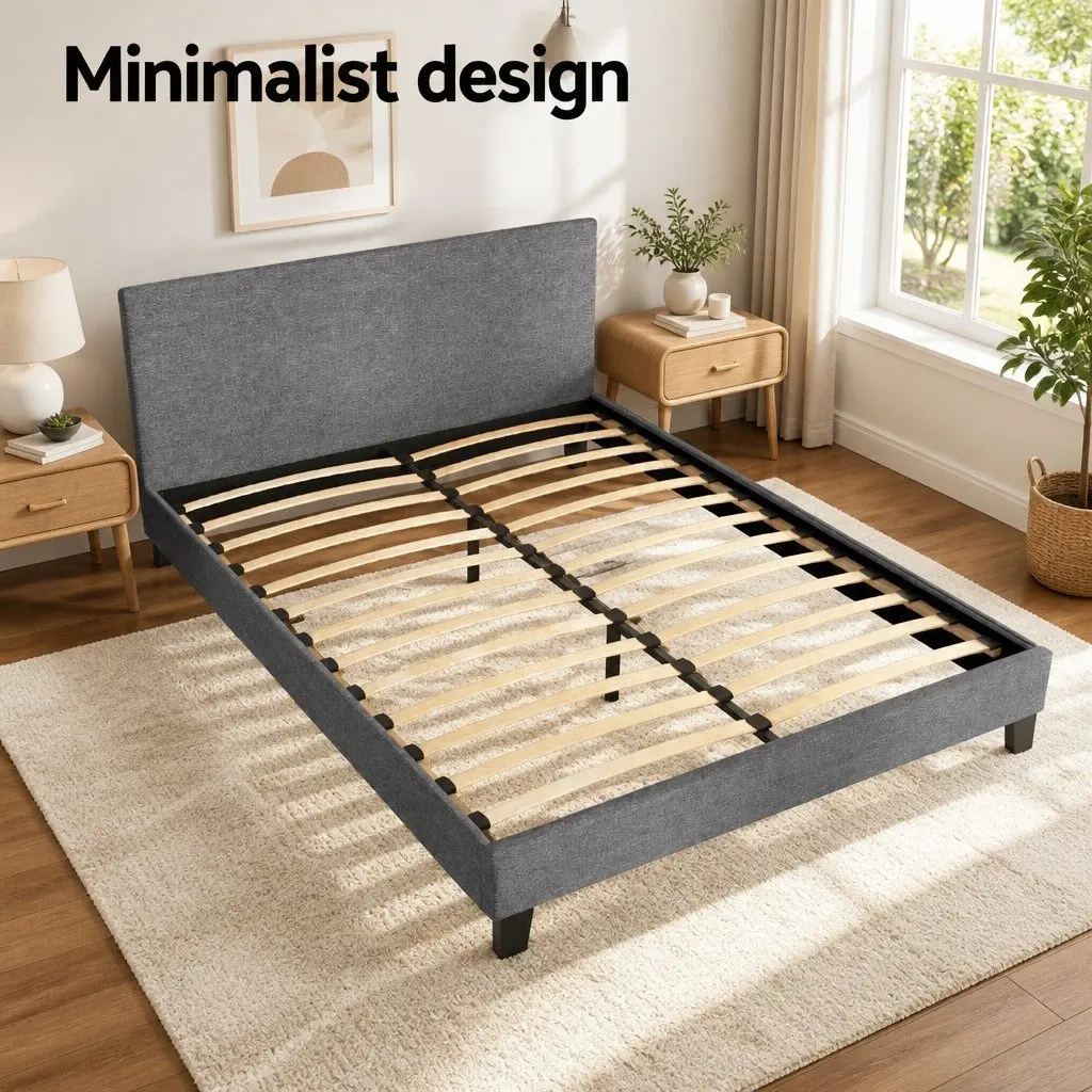 Queen Bed Frame Upholstered Grey Faux Linen Solid Wood Slat Base Modern