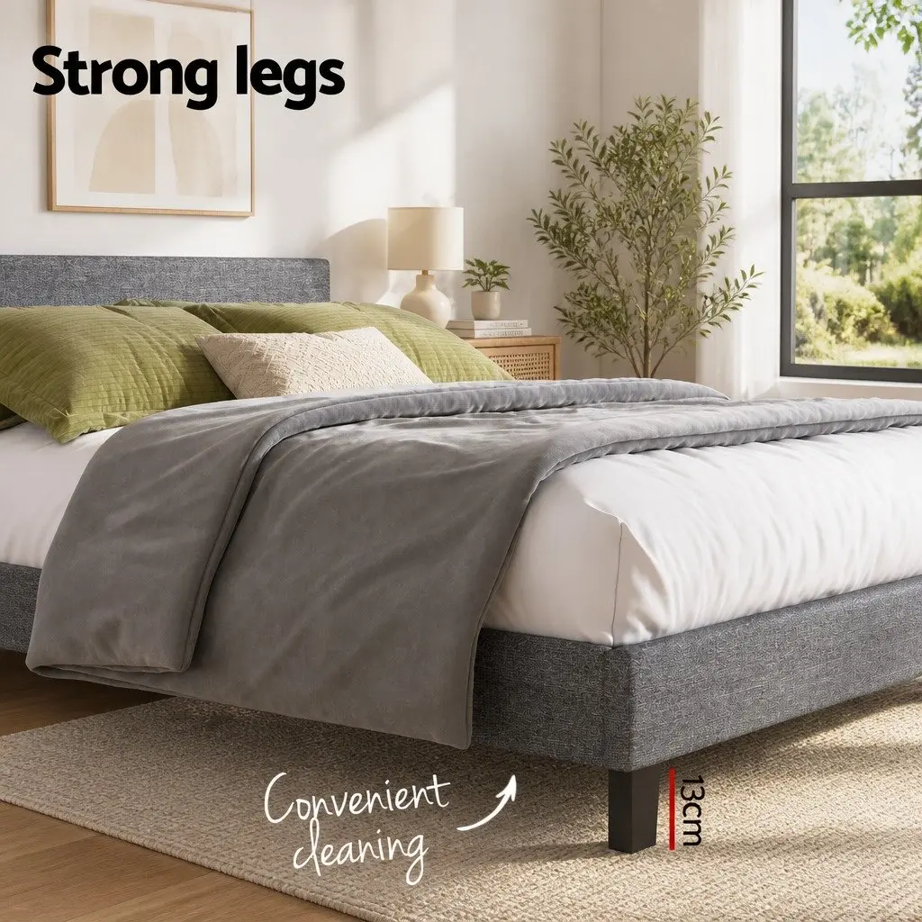 Queen Bed Frame Upholstered Grey Faux Linen Solid Wood Slat Base Modern
