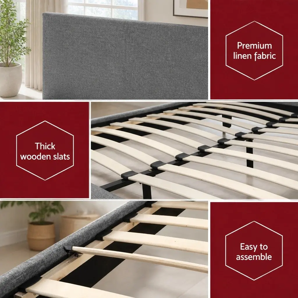 Queen Bed Frame Upholstered Grey Faux Linen Solid Wood Slat Base Modern