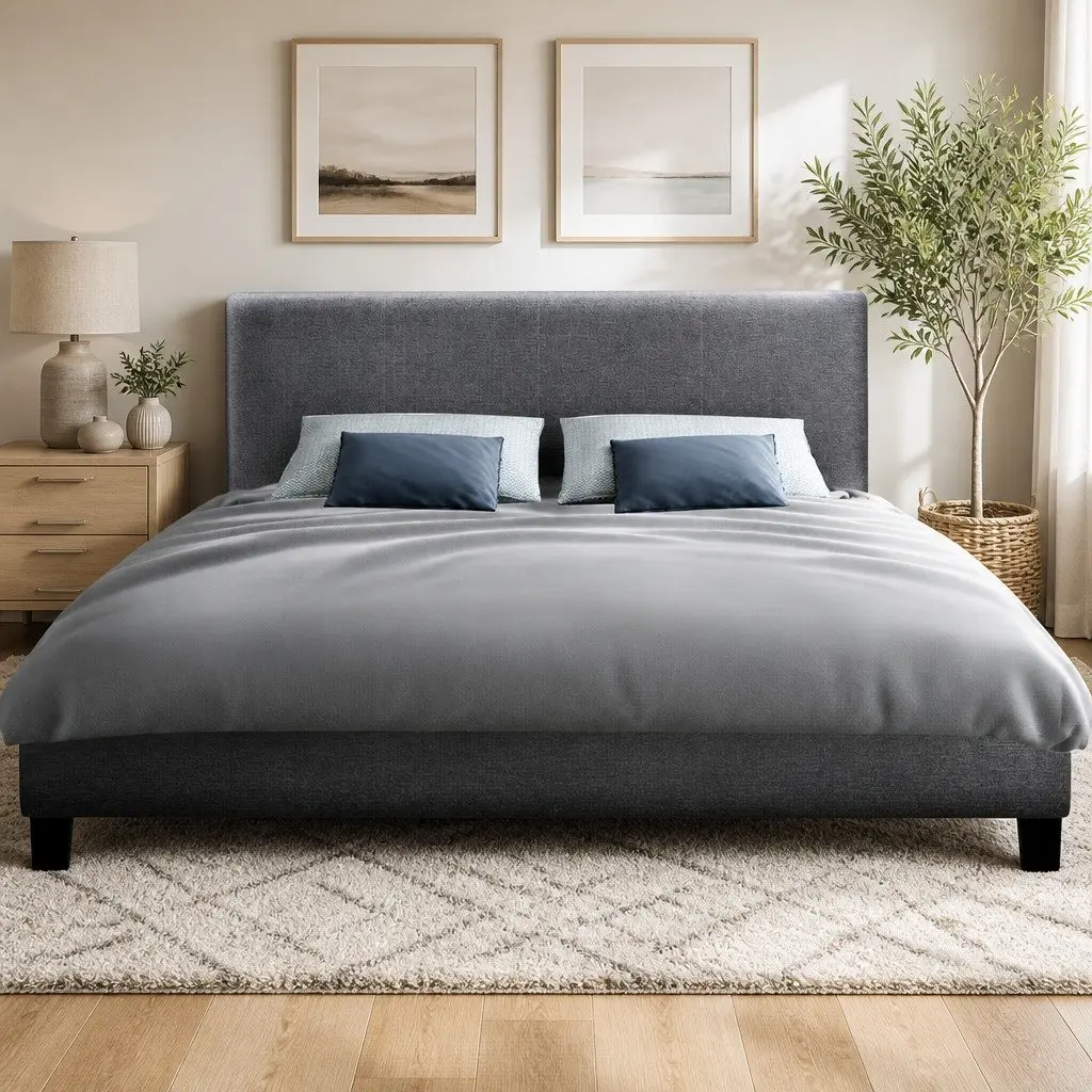 Queen Bed Frame Upholstered Grey Faux Linen Solid Wood Slat Base Modern