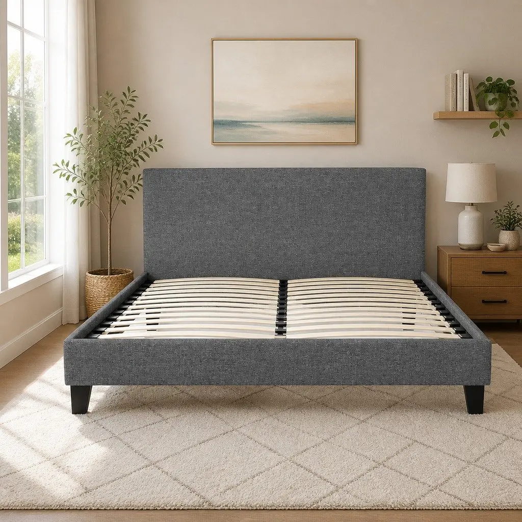 Queen Bed Frame Upholstered Grey Faux Linen Solid Wood Slat Base Modern