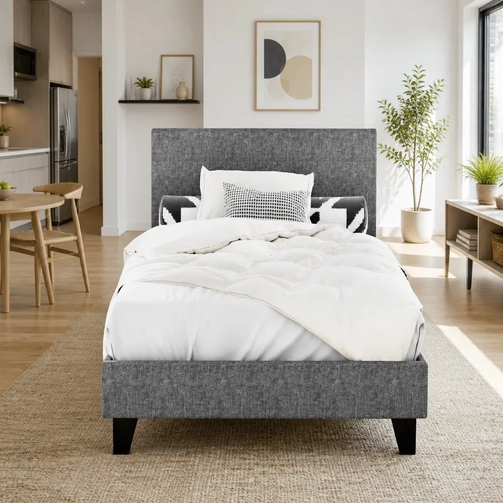 Single Bed Frame Grey Upholstered Modern Padded Headboard Solid Wood and Metal Construction