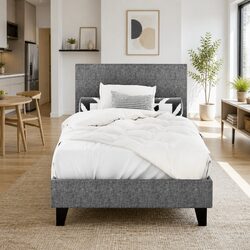 Grey Upholstered Single Bed Frame with Padded Headboard