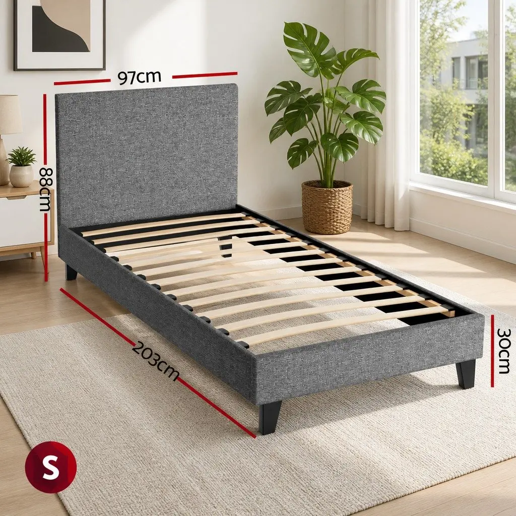 Single Bed Frame Grey Upholstered Modern Padded Headboard Solid Wood and Metal Construction