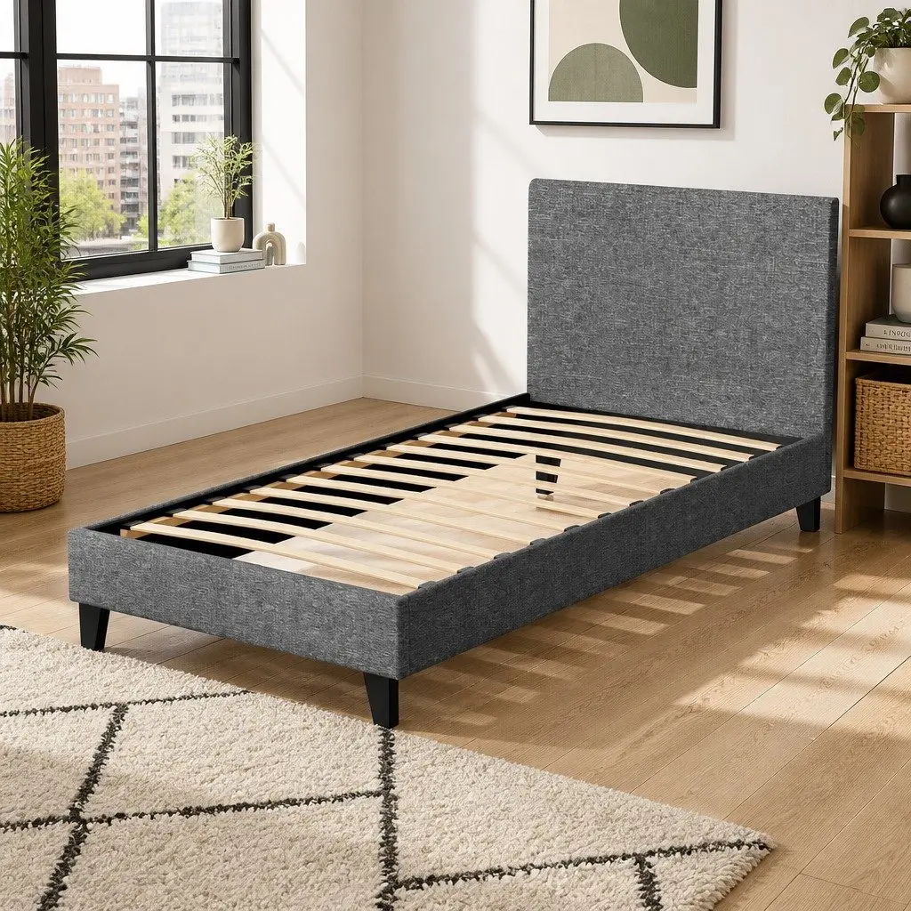 Single Bed Frame Grey Upholstered Modern Padded Headboard Solid Wood and Metal Construction