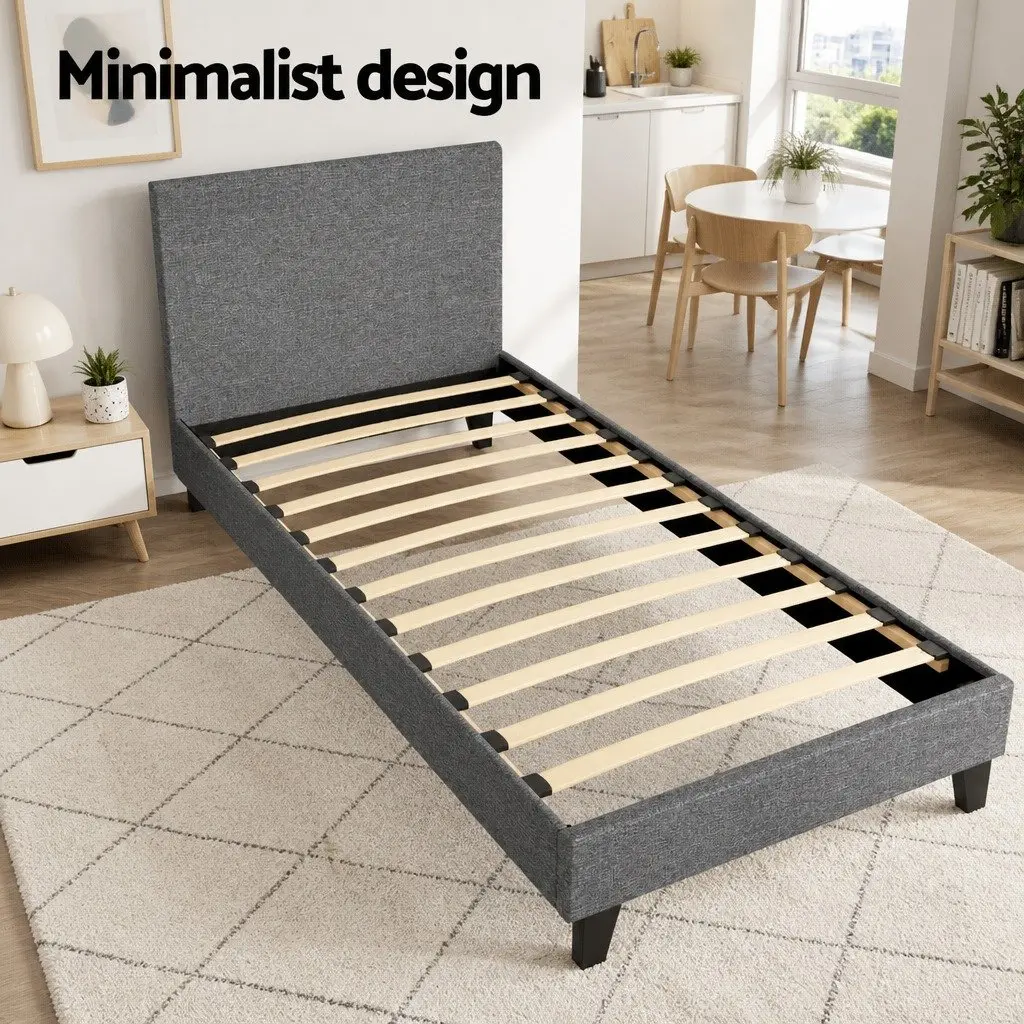 Single Bed Frame Grey Upholstered Modern Padded Headboard Solid Wood and Metal Construction
