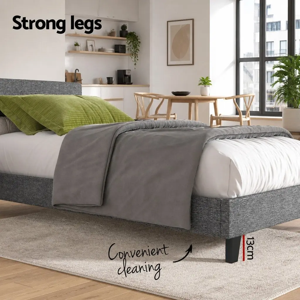 Single Bed Frame Grey Upholstered Modern Padded Headboard Solid Wood and Metal Construction