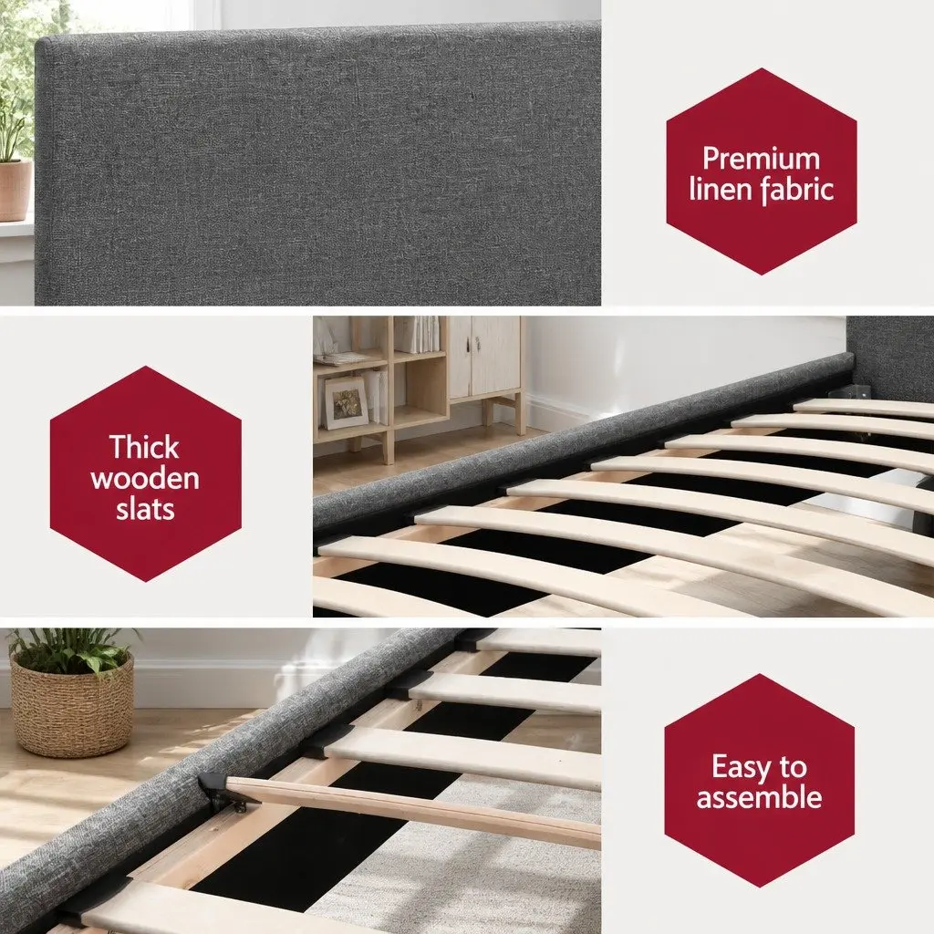 Single Bed Frame Grey Upholstered Modern Padded Headboard Solid Wood and Metal Construction
