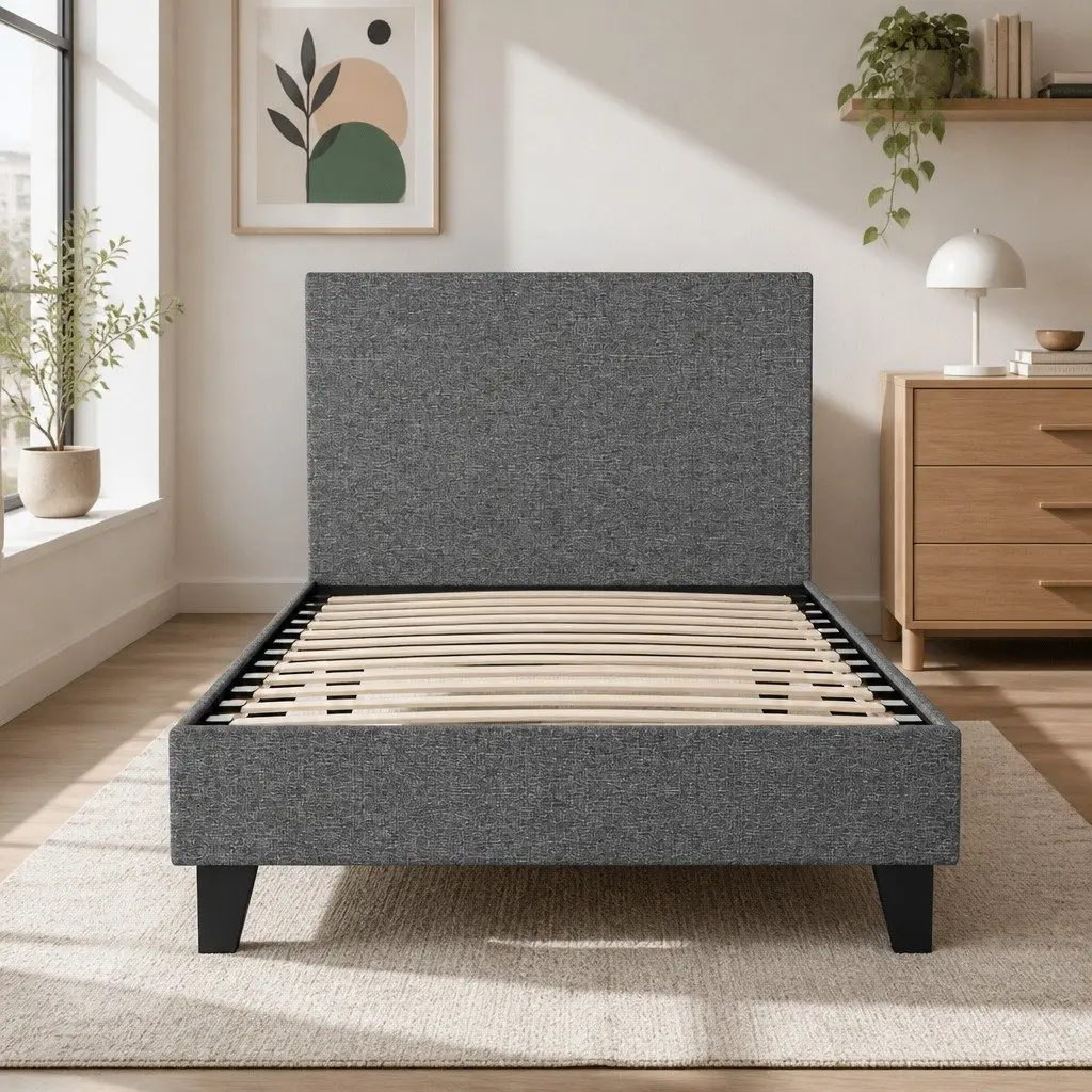 Single Bed Frame Grey Upholstered Modern Padded Headboard Solid Wood and Metal Construction