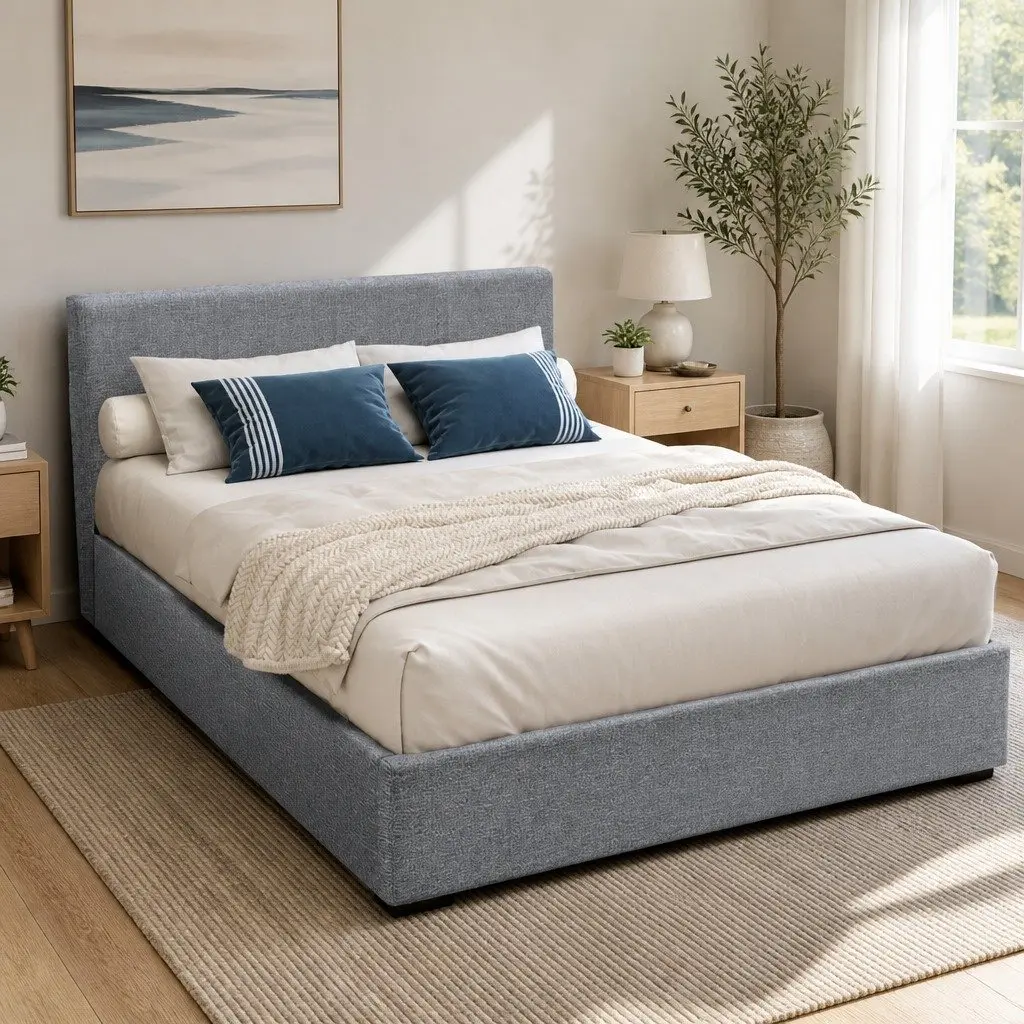 Grey Upholstered Double Bed Frame with Gas Lift Storage