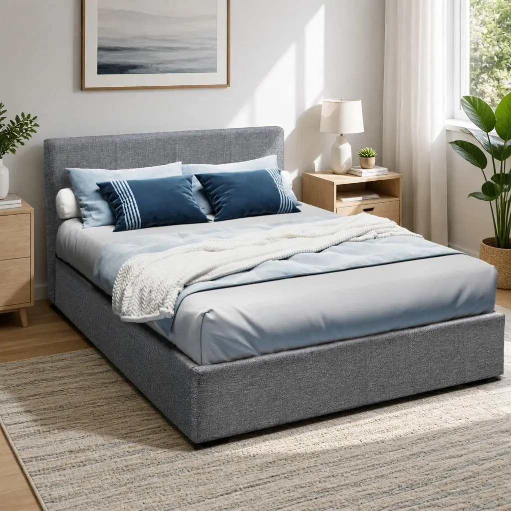 Grey Upholstered Double Bed Frame with Gas Lift Storage