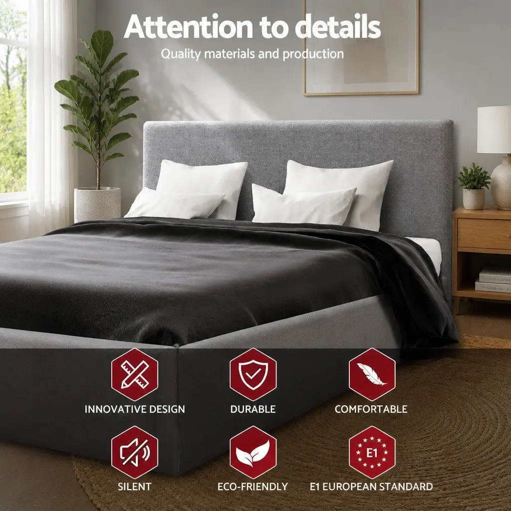 Grey Upholstered Double Bed Frame with Gas Lift Storage