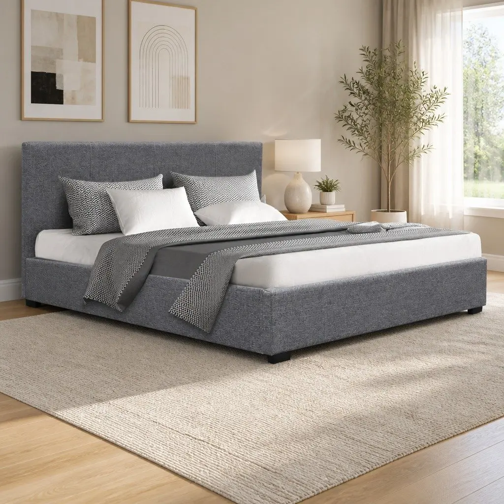 Grey Upholstered Double Bed Frame with Gas Lift Storage
