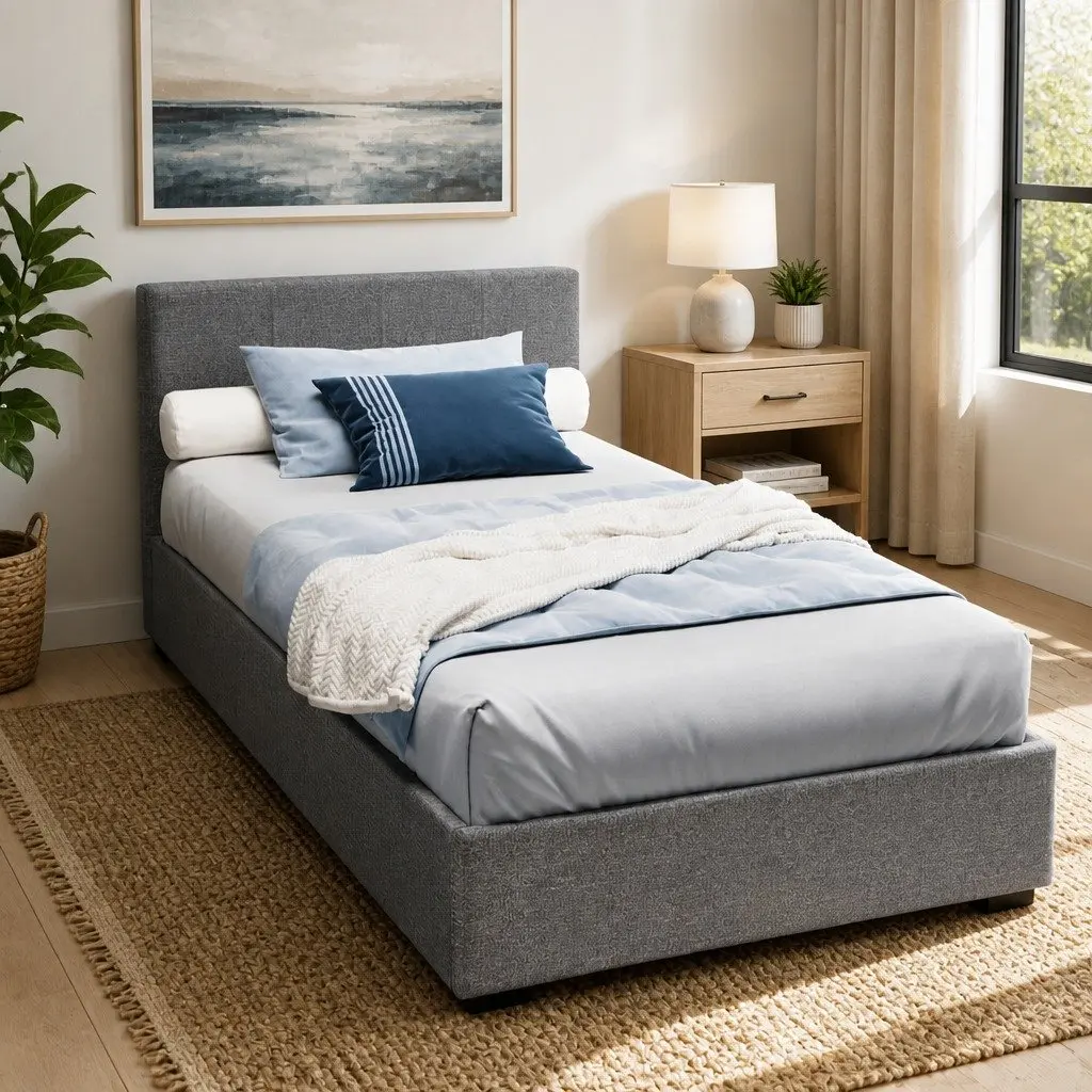 King Single Bed Frame Grey Upholstered Gas Lift Storage Padded Headboard Wood Slat Base