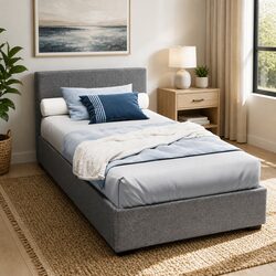 Grey Upholstered King Single Bed Frame with Gas Lift Storage