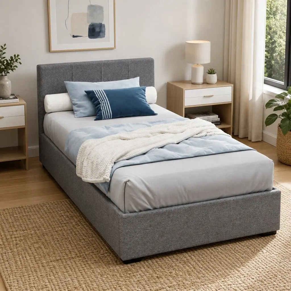 King Single Bed Frame Grey Upholstered Gas Lift Storage Padded Headboard Wood Slat Base