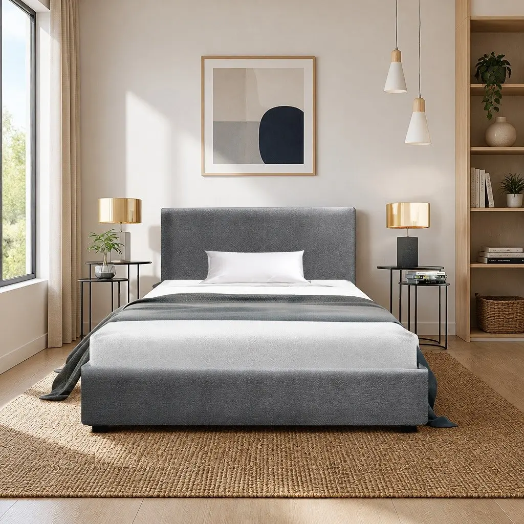 King Single Bed Frame Grey Upholstered Gas Lift Storage Padded Headboard Wood Slat Base
