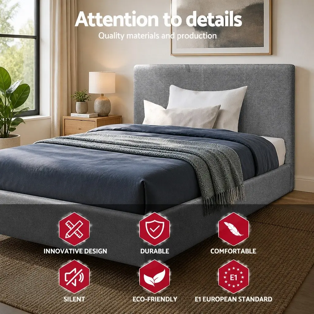 King Single Bed Frame Grey Upholstered Gas Lift Storage Padded Headboard Wood Slat Base
