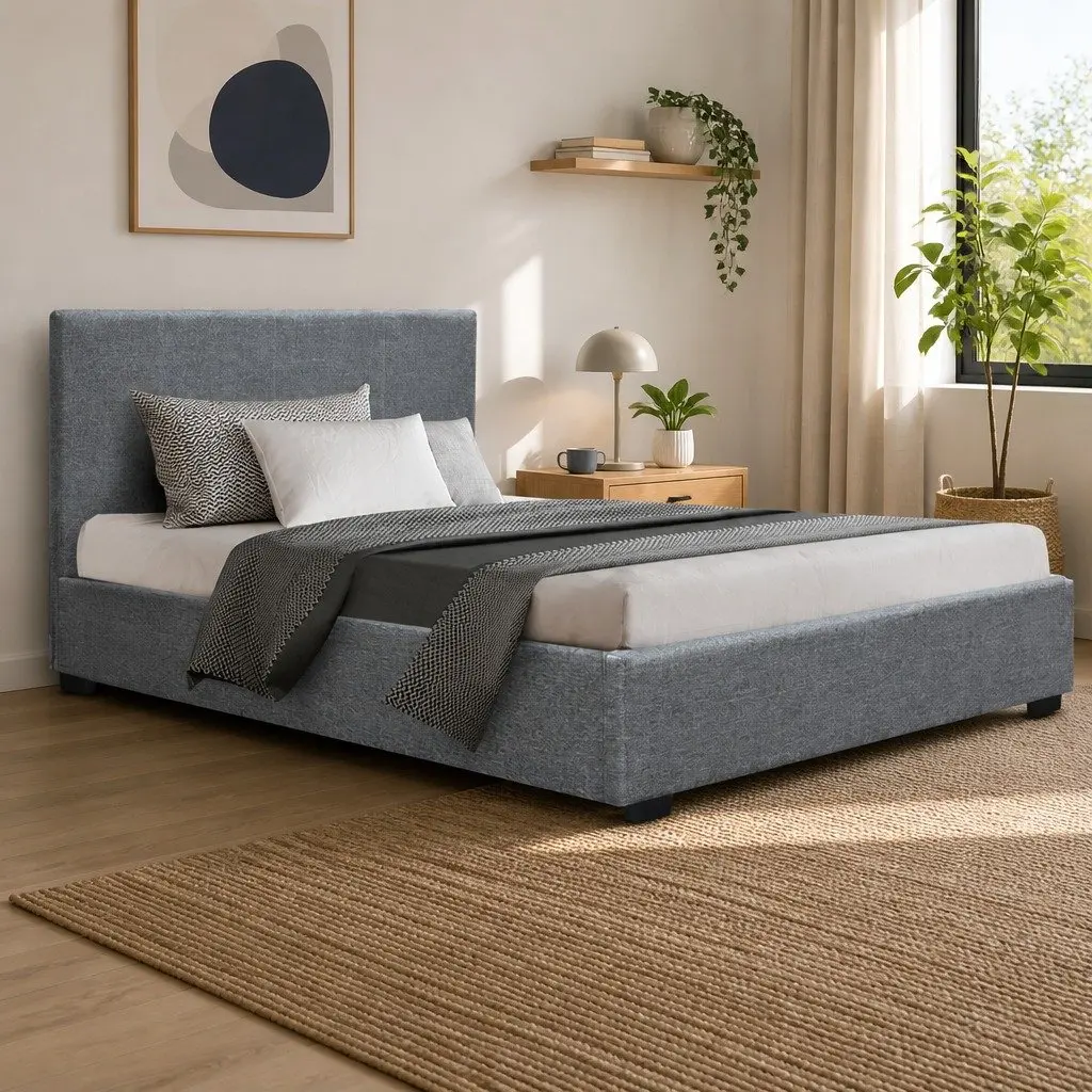 King Single Bed Frame Grey Upholstered Gas Lift Storage Padded Headboard Wood Slat Base