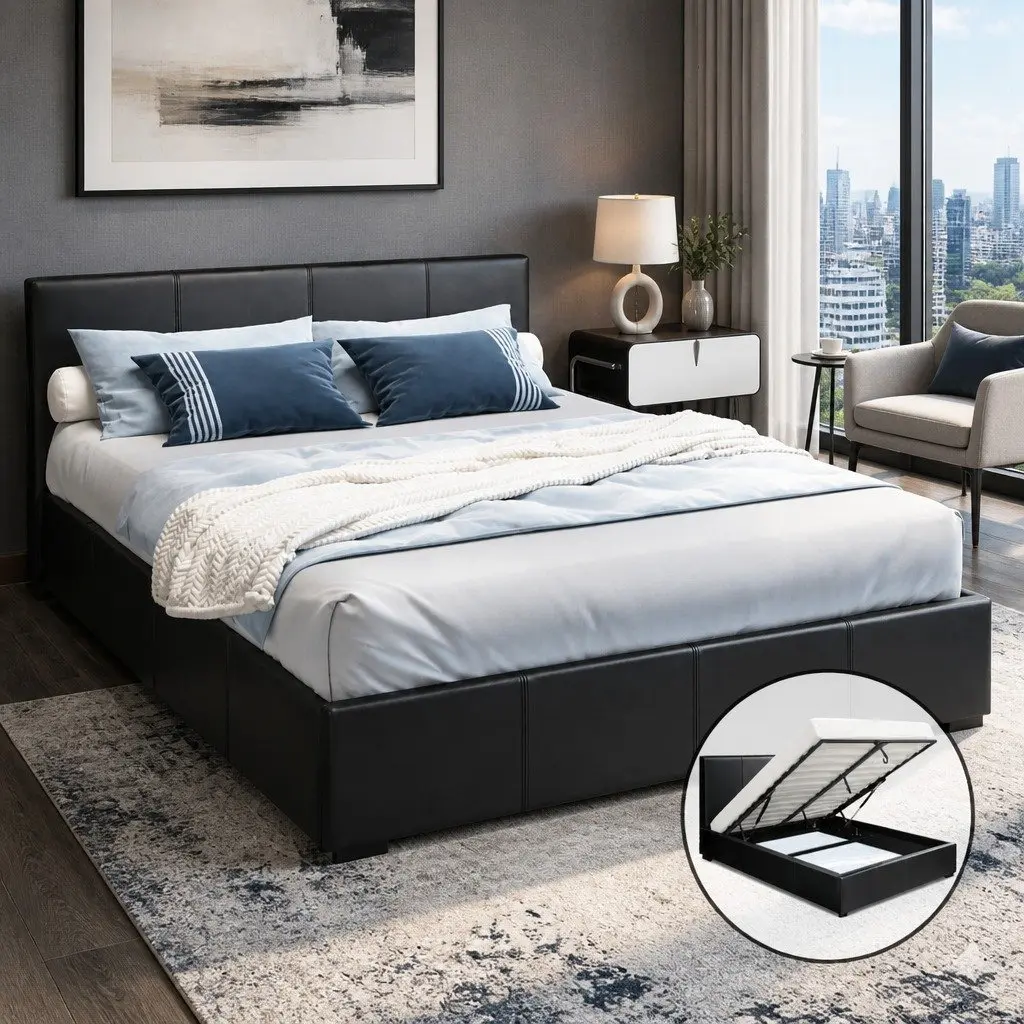 Queen Size Gas Lift Storage Bed Frame in Black