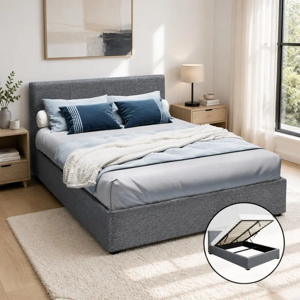 Queen Size Gas Lift Bed Frame Grey Upholstered Padded Headboard Faux Linen Fabric
