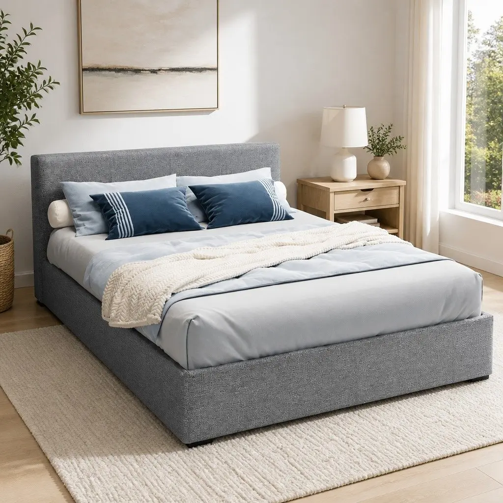 Queen Size Gas Lift Bed Frame Grey Upholstered Padded Headboard Faux Linen Fabric