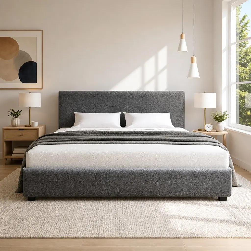 Queen Size Gas Lift Bed Frame Grey Upholstered Padded Headboard Faux Linen Fabric