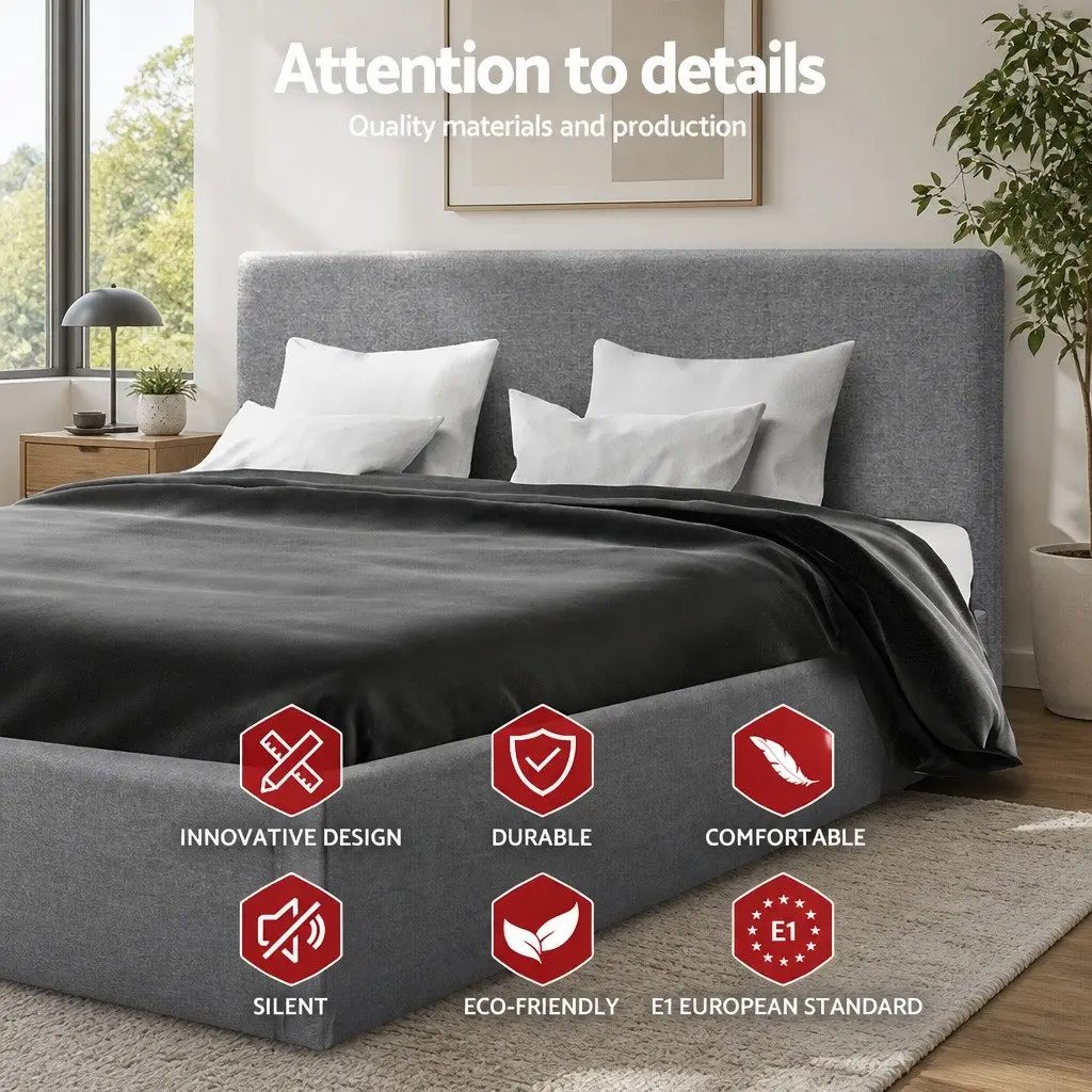 Queen Size Gas Lift Bed Frame Grey Upholstered Padded Headboard Faux Linen Fabric